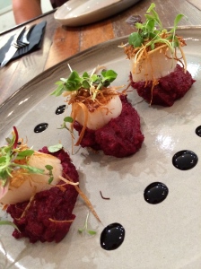 scallops on a bed of beetroot mash
