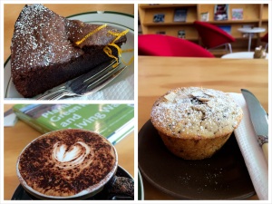 Clockwise: Pear and blueberry muffin, cap, flourless choc cake